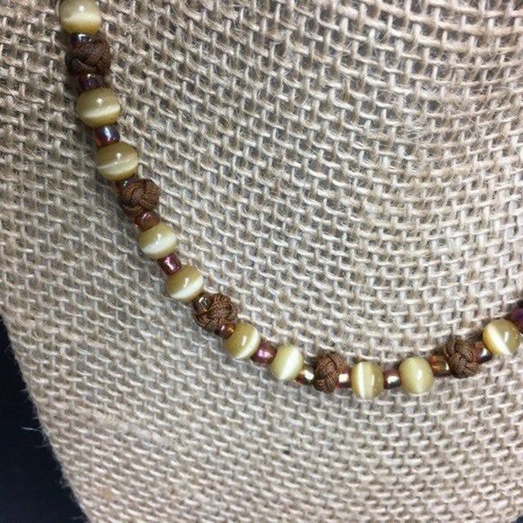 Brown Beige Moonstone Necklace Knotted Cord Seed Bead Gold Retro Boho - Picture 3 of 6